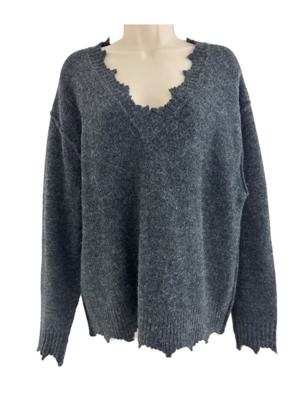Magaschoni Charcoal Gray Raw Distressed Scalloped Hem Oversized Sweater‎ S Wool